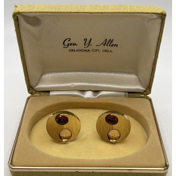 Vintage Gold Tone Textured Round Brown & Tan Crystal Encrusted Cuff Links New - Picture 1 of 8